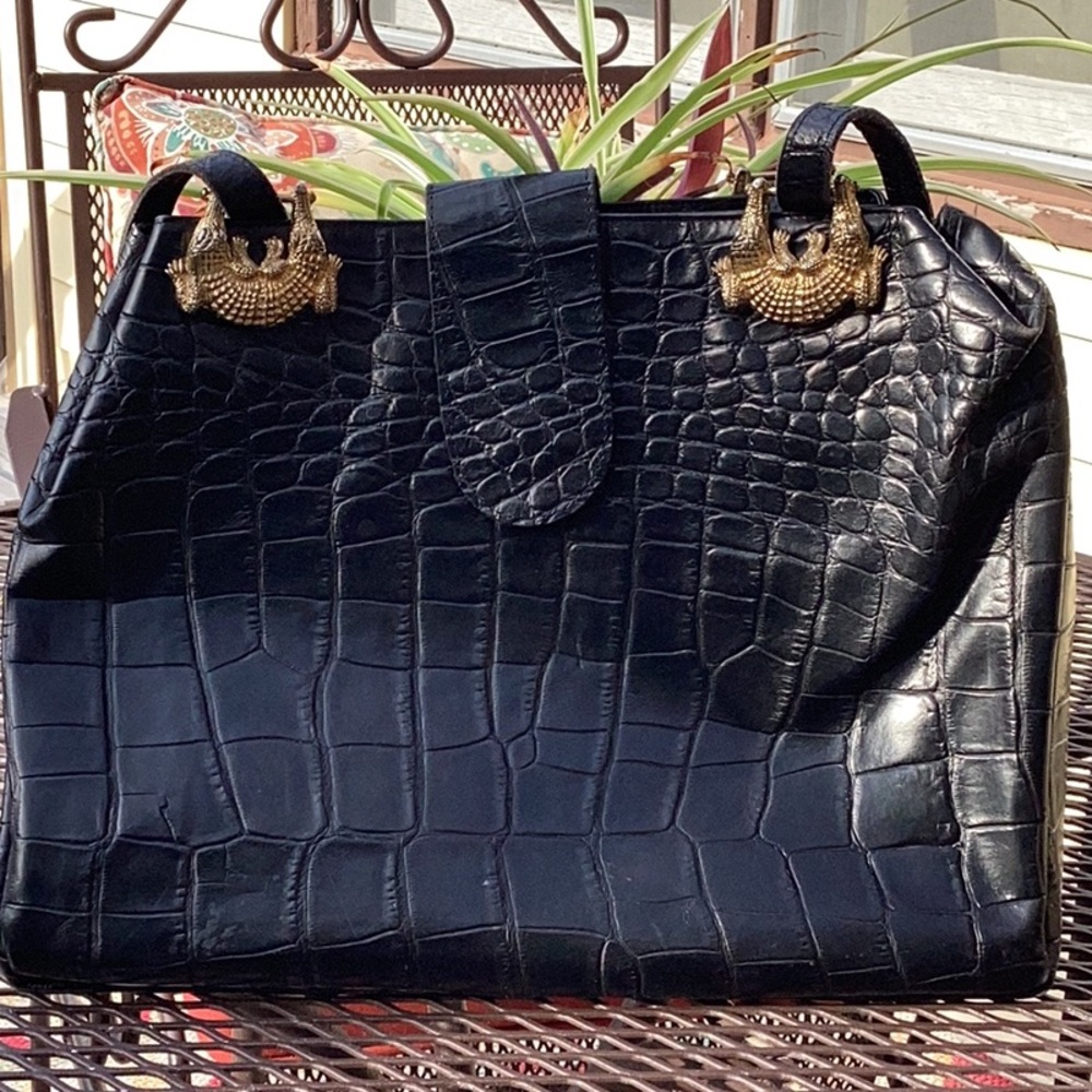Black Croc-Embossed Leather Tote with Gold Swan Hardware